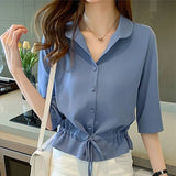 Women Solid Turn-down Collar Half Sleeve Chiffon Shirt Fashion Casual Shirring Single-breasted Blouses Female 319-0-Outfit