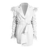 Ruched Blazer Dress For Women Notched Long Sleeve High Waist Lace Up Bowknot Patchwork Tassel Dresses