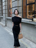 Fashion One Shoulder Folds Ladies Summer Sleeveless Bodycon Dress Elegant Chic Party Evening Wedding Dresses for