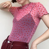 Mesh Heart Turtleneck T Shirts Tops Women Transparent 2019 See Through White Black Elastic Skinny Crop Tops Stretchy
