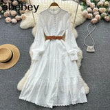 Autumn White/Green/Pink New Lace Embroidery Dress Women Long Sleeve Dresses Female Vintage Party Beach Maxi Long