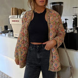 Green Flower Print V neck Quilted Jacket Ethnic Women Tie Bow Sashes Quilting Full Sleeve Coat BOHO Midi Outerwear-Outfit