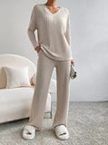 Women Tracksuit Knitted Sweater Pant Sets 2023 Autumn V Neck Pullover Tops Trousers Suits Casual Two Piece Set Outfits-Outfit