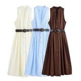 Homemade New Women's Classic带 V-Neckless Muffin Dress