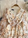 Court Style Lantern Sleeve V Collar Waist Shows Thin Medium And Long A Word Lotus Leaf Edge Printed Chiffon Dress-Outfit