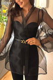 Spring Y2K Blouse Summer Sexy Black See Through Mesh Shirt Women Bubble Sleeve Long Sleeve Shirt Clothes Elegant