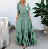 Maxi Dresses For Women Summer 2022 Loose Flounced Edge V Neck Solid Color High Waist Bohemian Beach Long