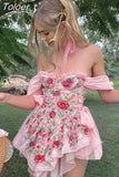 Coquette Floral Chiffon Dress Pink Side Bandage Aesthetic Ruffle Tulle Mini Dresses Boho Sweet Outfit Party Holiday