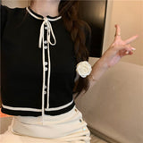 Fragrant Neckline With Black Thin Knitted Short-Sleeved T-Shirt For Women 2025 New Summer Short Ice Silk