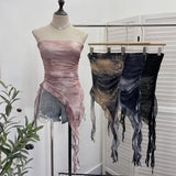 Real Shooting 2024 Summer New Dyed Printing Mesh Yarn Chest Sleeveless Top Irregular Ribbon Vest