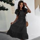 Summer Dresses For Women Solid Black Casual Ladies Ruched Ruffle Sashes Slim Clothes Dress New Arrival 2021 Fall