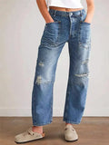 New Retro Hole Straight Trousers Casual Splicing Trousers Loose Jeans