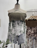 Real Shot Shoulder Cross Hanging Neck Knitting Mesh Yarn Coat Irregular Ribbon Horn Long-Sleeved T-Shirt