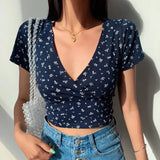 French Retro Floral V-neck Short-sleeved T-shirt Slim Slimming Wild High Waist Women's Top Harajuku Graphic T Shirts-Outfit