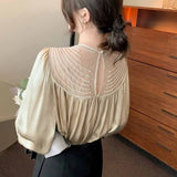 Mesh Satin Chiffon Shirt Long Sleeve Pleated Loose Vintage Blouse Autumn Casual O-neck Beading Stitching Blouse