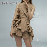 Solid Elegant Two Piece Set For Women Lapel Sleeveless Tops High Waist Shorts Patchwork Ruffle Sets Female