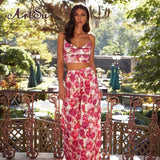 Floral Print Women 2 Piece Set Strap Camis Lace Up Cross Bandage High Waist Wide Leg Pants Elegant Party Club