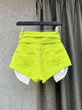 Women's Denim Shorts High Waist Fluorescent Green Cuffs Design Belt Wide Leg Short Pants 2024 Summer New Fashion 29L1819-Outfit