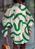 Casual Print Button Up Turndown Collar Retro Puff Sleeve Blouse