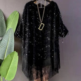 Women's Clothing Irregular Tassel Blouse Chic Sequined Spliced Commute Korean Loose Spring Autumn O-Neck Casual 3/4 Sleeve