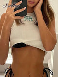 Casual Knit Preppy Girl Tank Top Letter Embroidery Fashion Sport White Crop Top Sleeveless O Neck Fitness