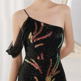 Sequin One Shoulder Slit Long Evening