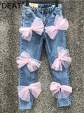 Women's Jeans High Waist Slim Pink Mesh Bowknot Pearls Stretch Female Denim Ankle-Length Pants 2024 Summer New Fashion-Outfit