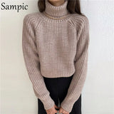 Casual Women Knitted Khaki Long Sleeve Pullovers Cropped Sweater Turtleneck Pink Oversized Sweater Tops Winter