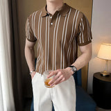 Summer High-End Short-Sleeved Men's Fashion Brand Striped Collar Ice Silk Knitted Half-Sleeved T-Shirt For