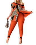 Women's Wear Summer New Fashionable Leisure Forked Oblique Collar Printing Suit-Outfit