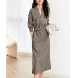 Temperament Commuting Long Sleeves Wearing Skirts In The Fall Of 2025 New V-Neck Waist Thin Shirt Dress