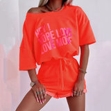 Letter Two Piece Sets Women Round Neck Tops Short Sleeve Lace Up Elastic Waist Loose Casual Shorts Pants Set Splice-Outfit