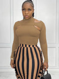 Hollow Out Tight Top and Stripes Fringe Long Skirt