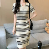 Striped Knitted Dress Girl Summer Polo Collar Short-Sleeved Dress Casual Dress To Close The Waist Thin Small