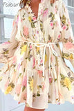 Ruched Slim Print Dresses For Women Stand Collar Long Sleeve Spliced Lace Up A Line Mini Dress Female Casual Spring