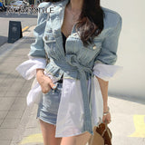 Patchwork Casual Denim Jacket For Women Lapel Long Sleeve With Sashes Oversized Coat Female 2020 Autumn Fashion