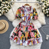 Summer Runway Holiday Beach Mini Dress Women's Stand Collar Short Sleeve High Elastic Waist Ruffles Short