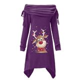 Women's Large-Size Long-Sleeved Christmas Elk Printed Pleated Collar Pleated Irregular Long Tunic-Outfit