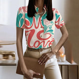 Lady Short Sleeve Print Shirt Top Casual Turn-down Collar Button Shirts For Women 2023 Spring Summer Slim Button Blouse-Outfit