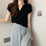 T-Shirt Women Summer New Short Net Red Hollow Knitted Shirt Full Set Thin Polo Collar Short Sleeve Top