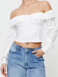 Elegant Women Lace Flowers Hollow Out Shirts Crop Tops Long Sleeve Slash Neck Off Shoulder Ruffles Solid Blouses 2023-Outfit