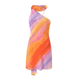 Halter Collar Orange Gradient Tie dye print Cross lacing up Bow Backless Sling Dress Women Irregular Mini Robe Vestido-Outfit