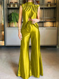 2 Pieces Sets Women Sleeveless Tank Split Hem Top And Wide Leg Pants Women Outfits Silk Pant Sets Matching Sets-Outfit