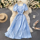 Vintage Square Collar Pleated Dress Women Spring Summer 2021 New Fashion Yellow/Blue/Red High Waist Bandage Party Vestidos
