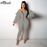 Ruched Lantern Long Sleeve Jumpsuit Women One Piece Outfit Bodycon Romper Female Black Solid Off Shoulder Jumpsuit