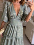 Print Half Sleeve Maxi Dresses Women V Neck Loose Hem Elegant Dress Hight Waist Loose Hem Women 2 Piece Sets Women-Outfit