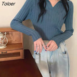 2023 Spring Autumn Knitted Sweater Women Korean Turn Down Collar Long Sleeve Pullover Woman Solid V Neck Jumper
