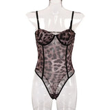 Leopard Sexy Straps Mesh Bodysuits Party Night Club Women Tops Sheer Hot Sexy Backless Summer Bodysuit One Piece