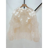 Straight Cut Out Shirt For Women Round Neck Long Sleeve Ruffle Trim Solid Blouses Female Clothing Style New