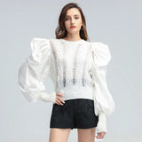 Hole Patchwork Sweater For Women O Neck Puff Sleeve Casual Pink Sweaters Female 2022 Spring Fashion New